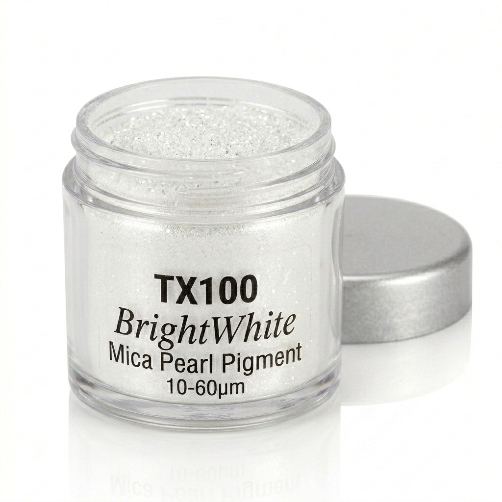 TX100 Bright White – Perleťový pigment Mica, 10–60 µm (Zářivě bílá)