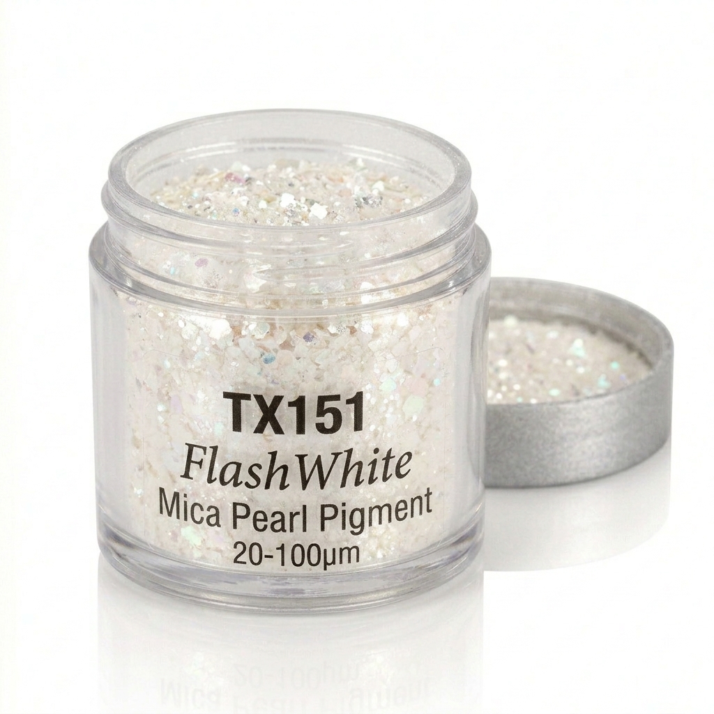 TX151 Flash White – Perleťový pigment Mica, 20–100 µm (Hrubší jiskřivá bílá)
