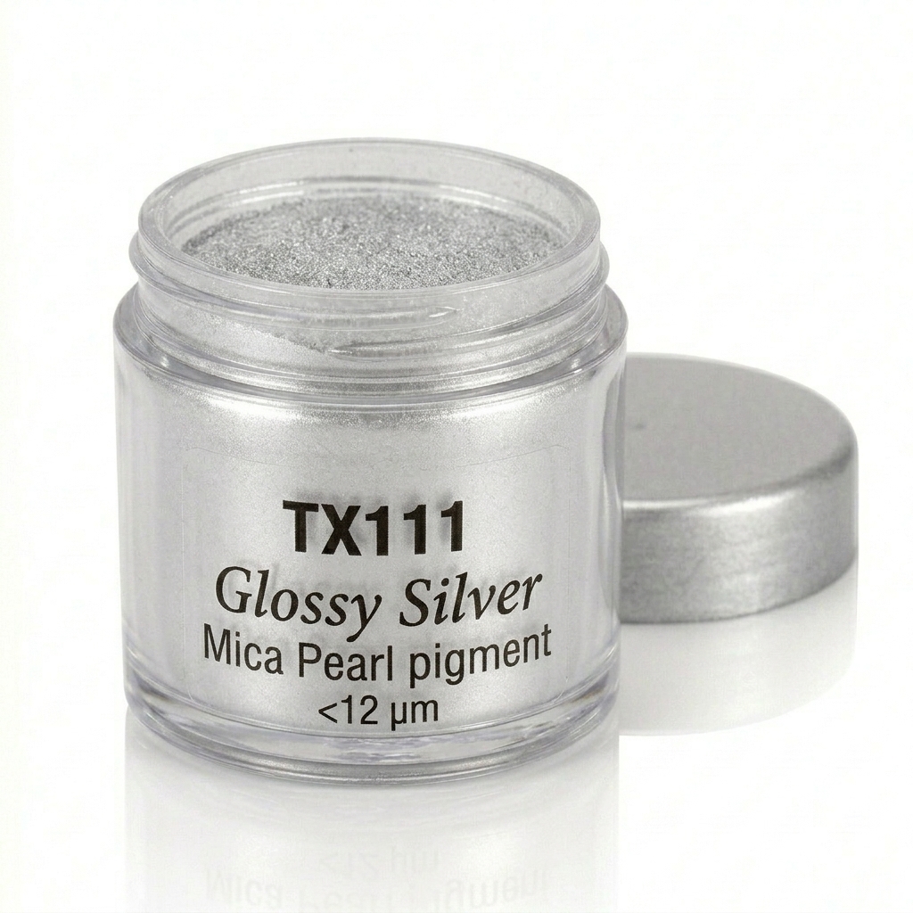 TX111 Mica Glossy Silver – Perleťový pigment Mica, <12 µm (Extra jemná stříbřitá / Hedvábný lesk)